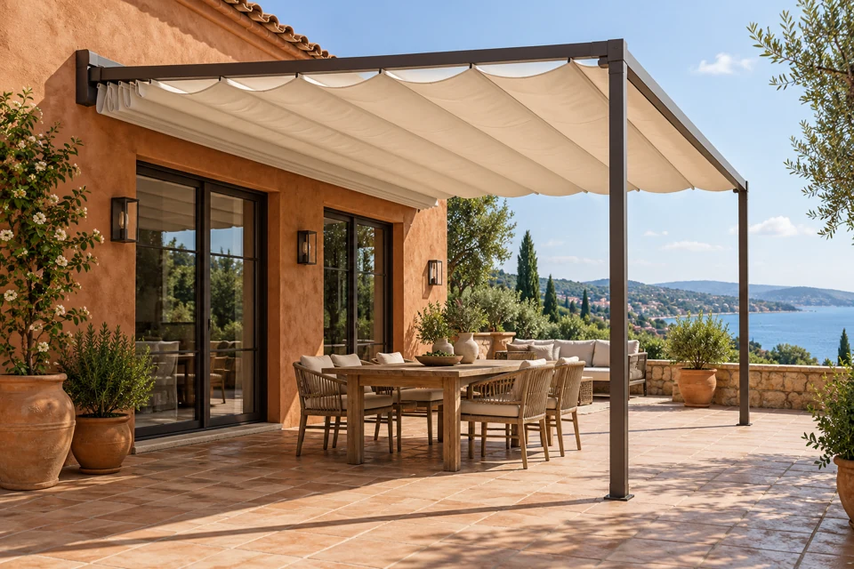 Pergola Tente, ray üzerinde hareketli kumaş ile dış mekân tasarımı